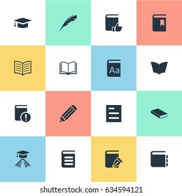 Vector Illustration Set Of Simple Books Icons. Elements Recommended Reading, Plume, Book Cover And Other Synonyms Note, Dictionary And Plume.