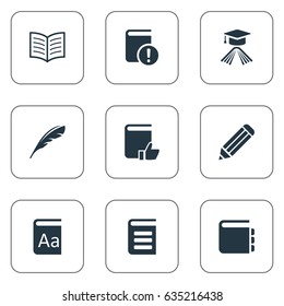 Vector Illustration Set Of Simple Books Icons. Elements Encyclopedia, Journal, Plume And Other Synonyms Graduation, Academic And Feather.