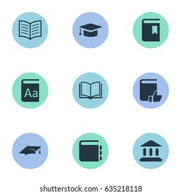 Vector Illustration Set Of Simple Books Icons. Elements Library, Book Page, Academic Cap And Other Synonyms Building, Alphabet And Notepad.