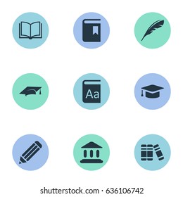 Vector Illustration Set Of Simple Books Icons. Elements Blank Notebook, Pen, Academic Cap And Other Synonyms Alphabet, Plume And Building.