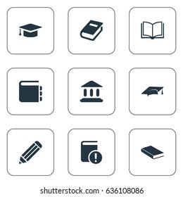 Vector Illustration Set Of Simple Books Icons. Elements Library, Notebook, Journal And Other Synonyms Pencil, Pen And Academy.