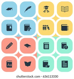 Vector Illustration Set Of Simple Books Icons. Elements Sketchbook, Alphabet, Book Cover And Other Synonyms Encyclopedia, Journal And Feather.