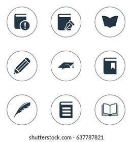 Vector Illustration Set Of Simple Books Icons. Elements Sketchbook, Plume, Pen And Other Synonyms Pencil, Cap And Graduation.
