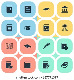 Vector Illustration Set Of Simple Books Icons. Elements Encyclopedia, Important Reading, Library And Other Synonyms Document, Building And Feather.