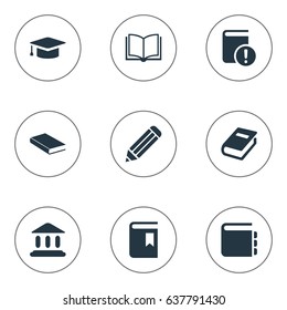 Vector Illustration Set Of Simple Books Icons. Elements Pen, Journal, Notebook And Other Synonyms Academy, Graduation And Pencil.