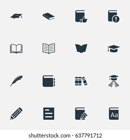 Vector Illustration Set Of Simple Books Icons. Elements Alphabet, Important Reading, Tasklist And Other Synonyms Dictionary, Plume And Feather.