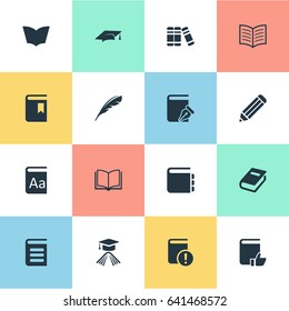 Vector Illustration Set Of Simple Books Icons. Elements Alphabet, Plume, Journal And Other Synonyms Sketchbook, Notebook And Hat.