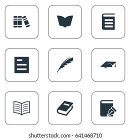 Vector Illustration Set Of Simple Books Icons. Elements Notebook, Encyclopedia, Plume And Other Synonyms Graduation, Document And List.