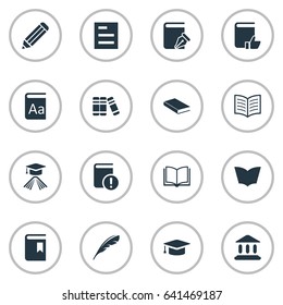 Vector Illustration Set Of Simple Books Icons. Elements Academic Cap, Book Cover, Blank Notebook And Other Synonyms School, Bookshelf And Building.