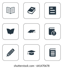 Vector Illustration Set Of Simple Books Icons. Elements Encyclopedia, Book Page, Notebook And Other Synonyms Pen, Note And Important.