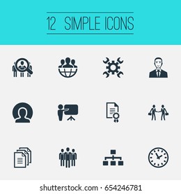 Vector Illustration Set Of Simple Brainstorming Icons. Elements Training, Watches, Agreement And Other Synonyms Worker, Presentation And Office.