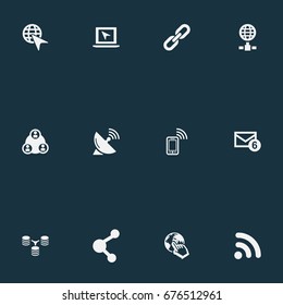 Vector Illustration Set Of Simple Browser Icons. Elements Server Relationship, Sputnik Signal, Nucleus And Other Synonyms Message, Hyperlink And Globe.