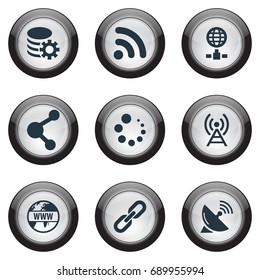 Vector Illustration Set Of Simple Browser Icons. Elements Network Sharing, Sputnik Signal, Internet And Other Synonyms Hyperlink, Wireless And Signal.