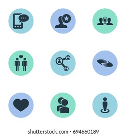 Vector Illustration Set Of Simple Buddies Icons. Elements Lover, Heart, Singleness And Other Synonyms Favorite, Camaraderie And Communication.