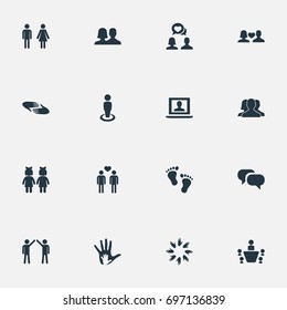 Vector Illustration Set Of Simple Buddies Icons. Elements Ensemble, Barefoot, Gender And Other Synonyms Human, Male And Conversation.