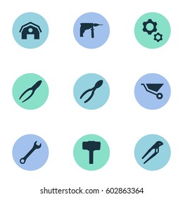 Vector Illustration Set Of Simple Build Icons. Elements Cutters, Adjustable Wrench, Electric Screwdriver And Other Synonyms Mechanical, Adjustable And Drill.