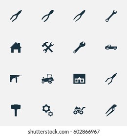 Vector Illustration Set Of Simple Build Icons. Elements Workshop, Pliers, Construction And Other Synonyms Adjustable, Tractor And Screwdriver.