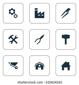 Vector Illustration Set Of Simple Build Icons. Elements Construction, Cart, Adjustable Wrench And Other Synonyms Cart, Spanner And Wrench.