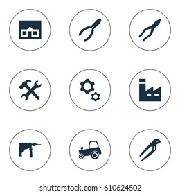 Vector Illustration Set Of Simple Build Icons. Elements Electric Screwdriver, Home, Adjustable Wrench And Other Synonyms Drill, Engineering And Cutters.