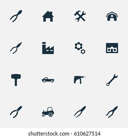 Vector Illustration Set Of Simple Build Icons. Elements Construction, Workshop, House And Other Synonyms Barn, Farmhouse And Drill.
