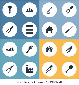 Vector Illustration Set Of Simple Build Icons. Elements Mechanic Key, Cutters, Helmet And Other Synonyms Factory, Jaws And Drill.