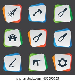 Vector Illustration Set Of Simple Build Icons. Elements Electric Screwdriver, Gear, Clipping Tool And Other Synonyms Instrument, Drill And Detail.