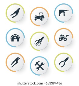 Vector Illustration Set Of Simple Build Icons. Elements Workshop, Hangar, Agriculture Transport And Other Synonyms Scissors, Hangar And Clippers.