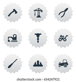 Vector Illustration Set Of Simple Build Icons. Elements Loaded Trolley, Hatchet, Digger And Other Synonyms Hardhat, Drill And Cart.