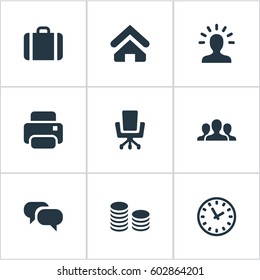 Vector Illustration Set Of Simple Business Icons. Elements Group, Work Seat, Printing Machine And Other Synonyms Money, Seat And Watch.