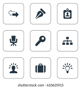 Vector Illustration Set Of Simple Business Icons. Elements Password , Nib, Handbag Synonyms Idea, Net And Portfolio.