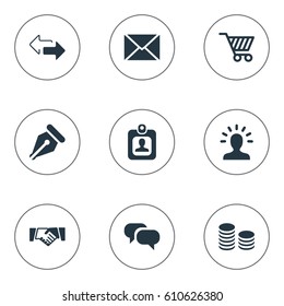Vector Illustration Set Of Simple Business Icons. Elements Nib, Identity Card, Direction And Other Synonyms Account, Message And Cart.