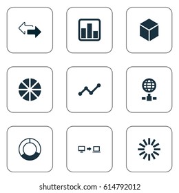 Vector Illustration Set Of Simple Business Icons. Elements Pie Chart, Double Arrow, Hexagon And Other Synonyms Server, Data And Growth.