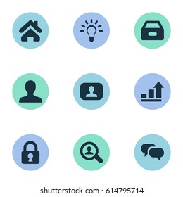 Vector Illustration Set Of Simple Business Icons. Elements Chatting, Dossier, Lamp And Other Synonyms Box, Protected And Member.