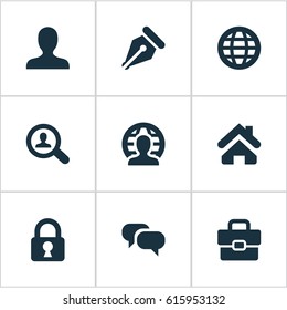 Vector Illustration Set Of Simple Business Icons. Elements Anonymous, Padlock, Chatting And Other Synonyms World, Portfolio And Talking.