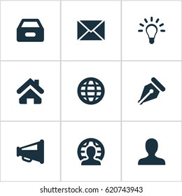 Vector Illustration Set Of Simple Business Icons. Elements Lamp, Human, Home And Other Synonyms Human, Sign And Box.