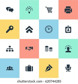 Vector Illustration Set Of Simple Business Icons. Elements Work Seat, Handbag, Group Synonyms Chair, Coins And Relationship.