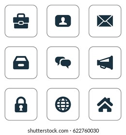 Vector Illustration Set Of Simple Business Icons. Elements Dossier, Megaphone, Inbox And Other Synonyms Dialog, World And Letter.