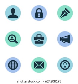 Vector Illustration Set Of Simple Business Icons. Elements Inbox, Suitcase, World And Other Synonyms Distribution, Idea And Inbox.