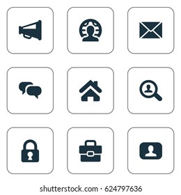 Vector Illustration Set Of Simple Business Icons. Elements Chatting, Magnifier, Padlock And Other Synonyms Megaphone, Estate And Loudspeaker.