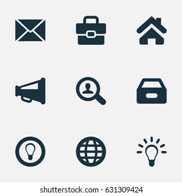 Vector Illustration Set Of Simple Business Icons. Elements Megaphone, Dossier, Inbox And Other Synonyms Home, Bulb And Loudspeaker.