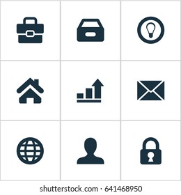Vector Illustration Set Of Simple Business Icons. Elements Padlock, Bulb, Dossier And Other Synonyms Anonymous, Protected And Portfolio.
