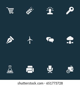 Vector Illustration Set Of Simple Business Icons. Elements Food Industry, Flask, Work Seat And Other Synonyms Trading, Ink And Talking.