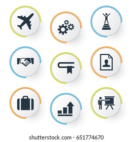 Vector Illustration Set Of Simple Business Icons. Elements Growth Chart, Literature, Suitcase And Other Synonyms Seminar, Bookmark And Guidebook.