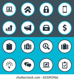 Vector Illustration Set Of Simple Business Icons. Elements Lamp, Complete Mark, Mobile Phone And Other Synonyms Information, Bulb And Resources.