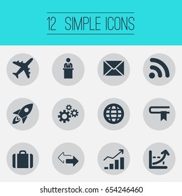 Vector Illustration Set Of Simple Business Icons. Elements Rocket, Increase Graph, Correspondence And Other Synonyms Connection, Portfolio And Business.