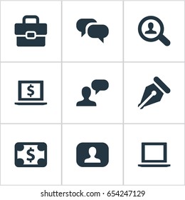 Vector Illustration Set Of Simple Business Icons. Elements Forex, Magnifier, Speaking Man And Other Synonyms Suitcase, Computer And Notebook.