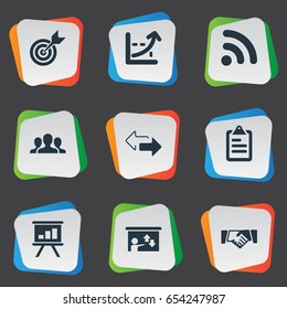 Vector Illustration Set Of Simple Business Icons. Elements Data Demonstrating, Increase Graph, Presentation And Other Synonyms Report, Training And Feedback.
