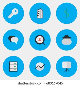 Vector Illustration Set Of Simple Business Icons. Elements Dollar, Diagram, Easel And Other Synonyms Board, Apartment And Architecture.