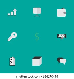 Vector Illustration Set Of Simple Business Icons. Elements Opening, Purse, Talking And Other Synonyms Purse, Easel And Board.