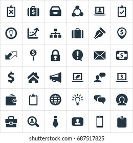 Vector Illustration Set Of Simple Business Icons. Elements Undone Task, Portfolio, Analytical Report And Other Synonyms Earth, Blank And Phone.
